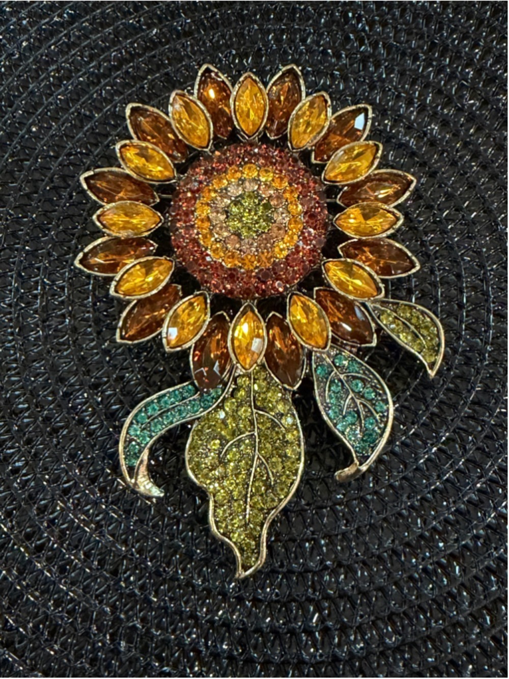 Vibrant Amber, Brown, and Green Rhinestones Sunflower Brooch One Size